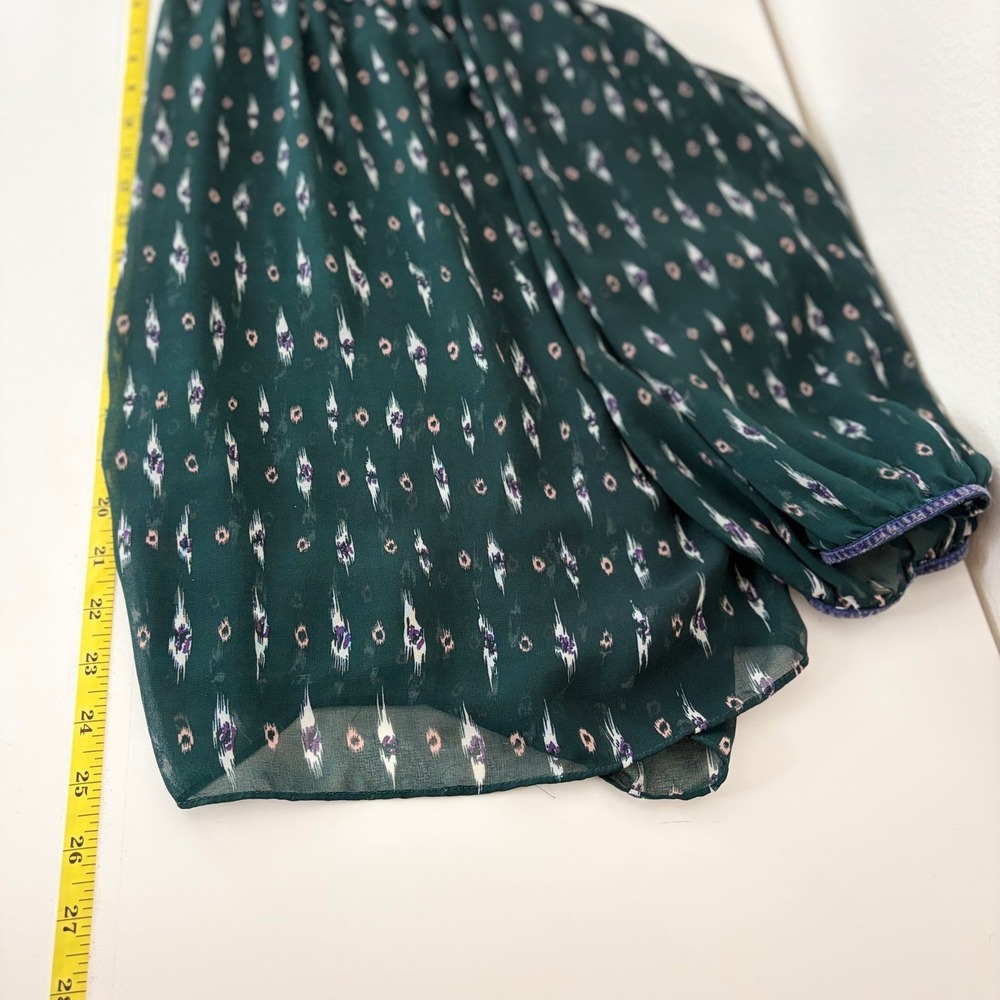 Snidel Dark Green Ikat Print Sheer Ruffle Velvet Tie Blouse Top Whimisgoth Boho - Picture 7 of 10